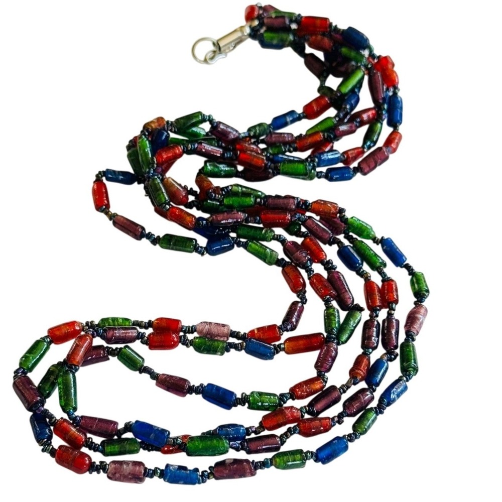 VTG BOHO Necklace colorful poured art Glass beads multi strand Statement 28"